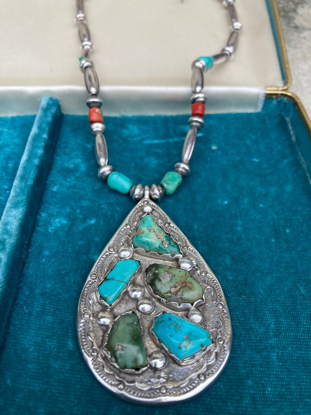 Vintage W.J. PANTEAH Designer NAVAJO Turquoise & Coral Necklace ...
