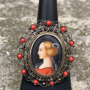 Antique 800 Silver Hand Painted Lady Portrait Brooch Pendant with Coral & Filagree