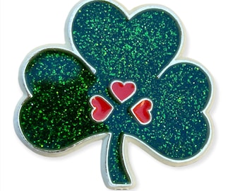 Vintage 1984 Hallmark CLOVER Brooch **Stunning Glitter & Hearts**