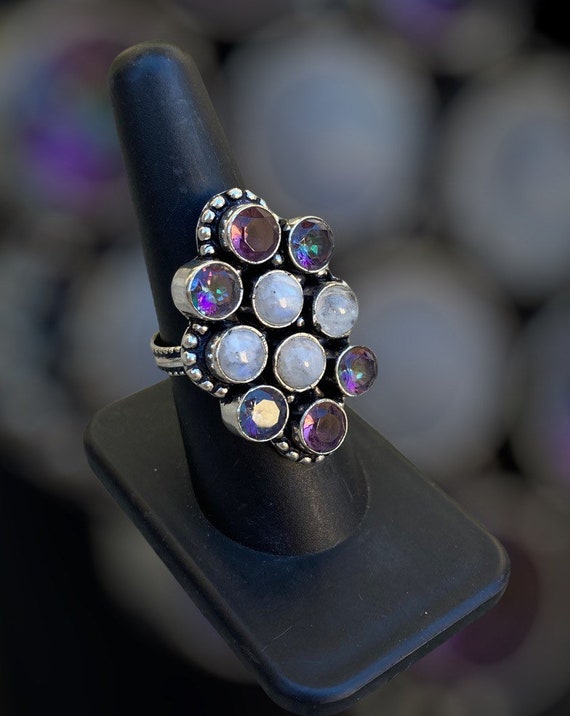 Stunning Alexandrite Ring with Pink Tourmaline & Moonstone **Sterling Silver** Size 8 1/4