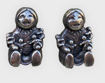 Vintage Navajo Kachina Woman and Kids Sterling Silver Clip on Earrings