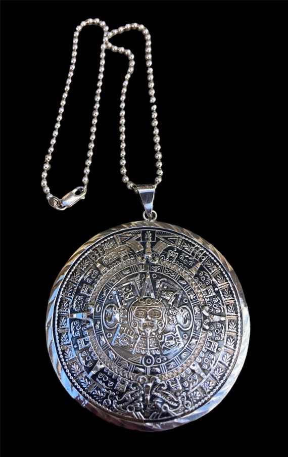 HUGE Vintage Mexican MAYAN Calendar Pendant Neckla