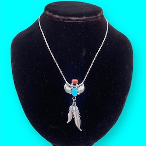 Vintage NAVAJO Turquoise & Coral Sterling Silver Feather Necklace