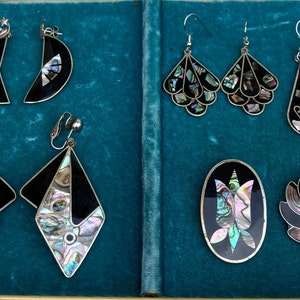 Vintage MEXICAN Inlaid ONYX & Abalone Earrings and Brooches **Sold Separately**