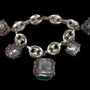 Bracelet Ancien Style étrusque à Breloque - Argent Massif 800, Pierres Turquoise - Occasion