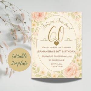 Modèle d'invitation floral sensationnel et soixante anniversaire, invitation 60e anniversaire fleurs sauvages, invitation 60e élégante pour elle, invitation modifiable