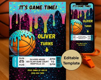 Invitación de cumpleaños de baloncesto: Boleto de partido, plantilla editable de Canva, descarga digital