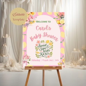 Pink Lemonade Baby Shower Welcome Sign Template | Editable Sign | Summer Citrus Baby Girl Shower Printable Decor | Sweet Sips & Baby Kicks