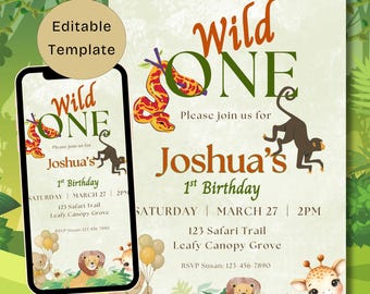 Wild One Birthday Safari Invitation Template, Editable Boys Safari Animal Party, Jungle Animals 1st Birthday Invite (Digital Download)