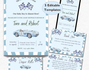 May include: A set of five editable baby shower templates featuring a light blue color scheme, checkered flag borders, and a vintage race car illustration. The text includes The Finish Line Is Near, Our Baby Boy Is Almost Here, and Diaper Raffle.