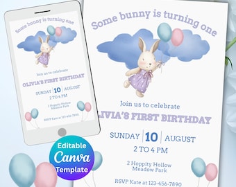 Some Bunny is One, Baby Geburtstagseinladung, Vintage Coquette Theme, Kaninchen 1.Geburtstag, Canva Template (Digitaler Download)