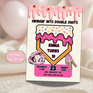 May include: A birthday invitation card featuring the text SWINGIN' INTO DOUBLE DIGITS, EMMA TURNS 10, SATURDAY 9 AM, 23 AUGUST 2025, 123 SPORTY ST, RSVP TANYA: 1234-567-890. It displays a baseball home plate shaped like a waffle cone with pink icing.