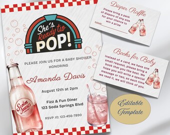 Invitación para baby shower con refresco retro: plantilla editable de Canva (12,7 x 18,8 cm, invitación digital)