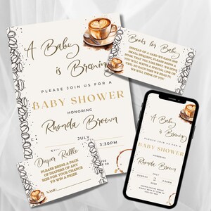 Paquete de invitaciones para baby shower con café, plantilla de Canva &quot;Bebé está preparándose&quot;, invitación editable, Evite digital, rifa de pañales y libros para insertar.