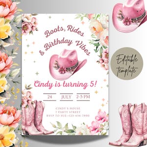 Editable Cowgirl Birthday Invitation Template, Girl Boots Birthday Invitation, Cowgirl 5th Party Invite, Pink Floral Birthday Invitation