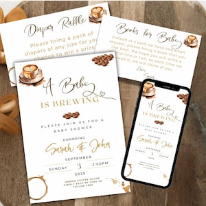 Invitación para baby shower con café: plantilla editable, descarga digital &quot;Un bebé está en ciernes&quot;.