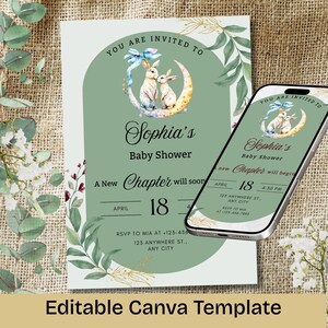 A New Chapter Begins Baby Shower Invitation, Story Book Theme, Canva Template, Instant Download