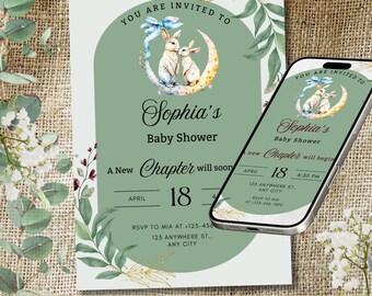 Invitación para baby shower "Un nuevo capítulo comienza", tema de cuento, plantilla de Canva, descarga instantánea
