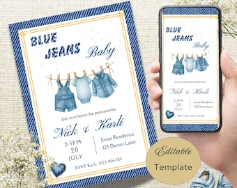 Blue Jean Baby Shower Invitation, Denim Baby Shower Invite, Canva Template, Digital Download