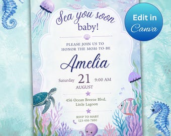 Edytowalne zaproszenie na baby shower z motywem morza, zaproszenie na baby shower z motywem morza, zaproszenie na baby shower z motywem oceanu, do pobrania w wersji cyfrowej