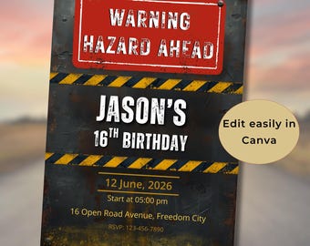 Editable Boy's 16th Birthday Invitation, Road Hazard Birthday Invite Printable, Teen License Birthday  Digital, Canva Template