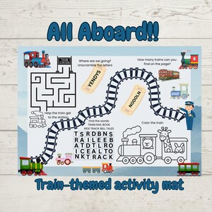 May include: A colorful train-themed activity mat with a maze, word search, and coloring page. The mat features a train track, trains, and tickets with the words "Yendys" and "Nodoln".