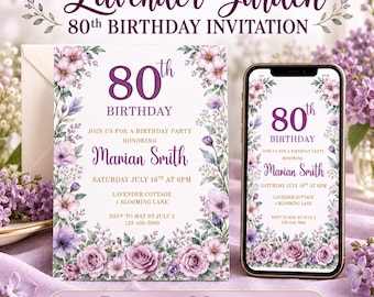 Invitación de cumpleaños número 80 con temática de jardín de lavanda, plantilla editable de Canva, invitación para fiesta de cumpleaños importante para adultos (descarga digital)