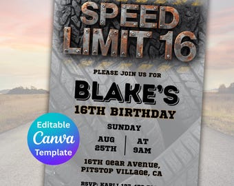 Invito di compleanno Speed Limit 16, modello modificabile Canva (download digitale)