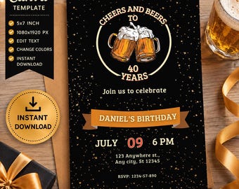 Cheers and Beers to 40 Years Invitation | Editable 40th Birthday Invitation for Men | Beer Birthday Party Invite | Digital Download