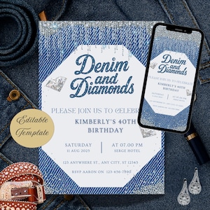 Denim and Diamonds Birthday Invitation, Western Bling Birthday Dinner Invite, Girls Glam Night out Party Invite, Editable Canva Template