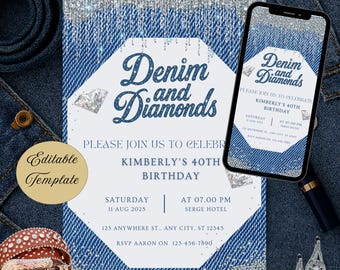 Verjaardagsuitnodiging denim en diamanten: Glam Western Party (digitale downloadcanvasjabloon)