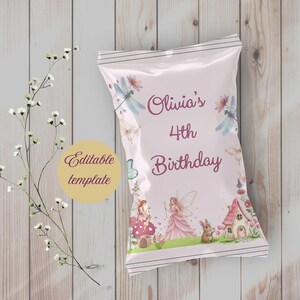 Fee Geburtstag Chip Tasche, Fee Party Dekoration, Mädchen Geburtstag, Feengarten 1. Geburtstag, Mädchen Snack Gefälligkeiten, bearbeitbare Canva Vorlage, sofort verfügbar