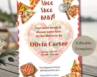 Editable Slice Slice Baby Pizza Baby Shower Invitation, Canva Template, Funny Food Baby Shower Invite, Printable Party Invite for Mom-to-Be