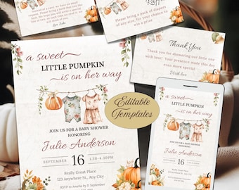 Pumpkin Baby Shower Invitation Bundle: Fall Floral Theme Digital Evite & Cards Canva Template