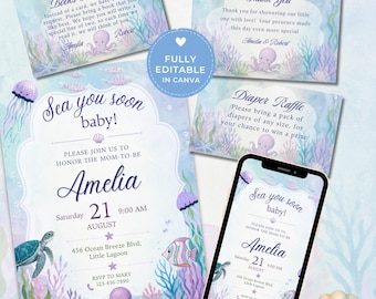 Sea You Soon Baby Shower Bundle | invitation + Diaper Raffle + Books for Baby + Thank You Card | Editable Canva Ocean Theme Invite Set