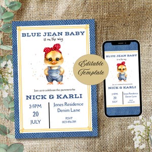Blue Jean Baby Shower Invitation, Editable Blue Jean Baby Shower Invite, Canva Template, Denim Country Western Baby Shower Invite