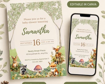 Op de afbeelding: Een uitnodigingssjabloon voor een babyshower met bosthema, voorzien van aquarelillustraties van een hert, vos, konijn, wasbeer en paddenstoel. De tekst luidt: Please join us for a baby shower honoring Samantha, 16 september, 13 x 18 cm print.