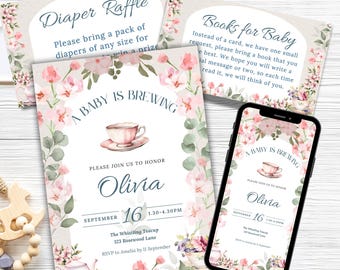 Tea Party Baby Shower Invitation Bundle: Editable Canva Template Digital Download