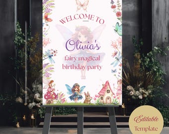 Fairy Birthday Welcome Sign: Editable Garden Party Decor (Canva Template - Digital Download)