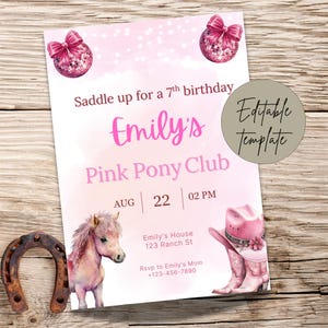 Editable Pink Pony Club 6th Birthday Invitation | Girl&#39;s Horse Themed Party Invite | Canva Template | Pony Birthday Party Template for Girls