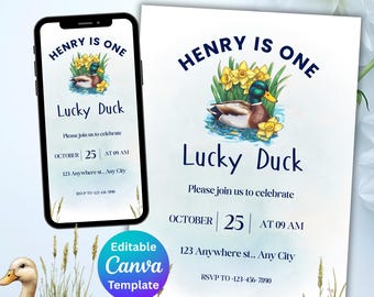 May include: A digital invitation for a first birthday, featuring the text "HENRY IS ONE" and "Lucky Duck." The design includes a watercolor illustration of a duck and daffodils. The invitation is available as an editable Canva template.