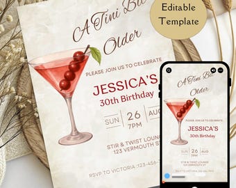 Ein Tini Bit älterer Martini-Geburtstagseinladung: Elegante Cocktailparty einladen (bearbeitbare druckbare Canva-Vorlage)