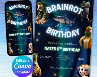 Brainrot Birthday Invitation: Funny Meme Party, Kids/Teens (Canva Template)