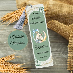 Marque-page modifiable Un nouveau chapitre va bientôt commencer, cadeau de baby shower sur le thème du livre, modèle de toile, livre d'histoires pour baby shower, merci