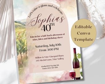 May include: A rectangular birthday invitation template featuring a watercolor vineyard landscape, a wine bottle, and a glass. Text reads: Let's raise a glass and celebrate Sophia's 40th, join us for a laid-back afternoon of wine, bites and birthday cheer.