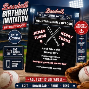 May include: A baseball-themed birthday invitation template with the text "Baseball Birthday Invitation" in red and white. The invitation includes details for a double-header, with crossed bats, and the text "James Turns 4" and "Henry Turns 6". The invitation is 5x7 inches.