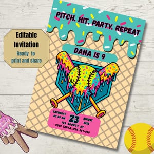 Softball Drip Birthday Invitation, Canva Editable Rainbow Invite Template, Instant Download, Sports Party, Ice Cream Drips Sprinkles