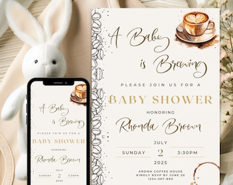 A Baby is Brewing, Editable Baby Shower Invitation, Canva Template, Coffee Baby Shower Digital Invite, Gender Neutral, Instant Download