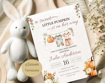 Boho Fall Clothes Baby Shower Invitation, Sweet little Pumpkin Invite, A Little Pumpkin On Her Way, Fall Pumpkin Shower, Autumn Baby shower