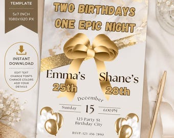 Editable Joint Birthday Invitation Template, Adult Birthday Party Canva Template, Gold Dual Birthday Invite, Digital Download